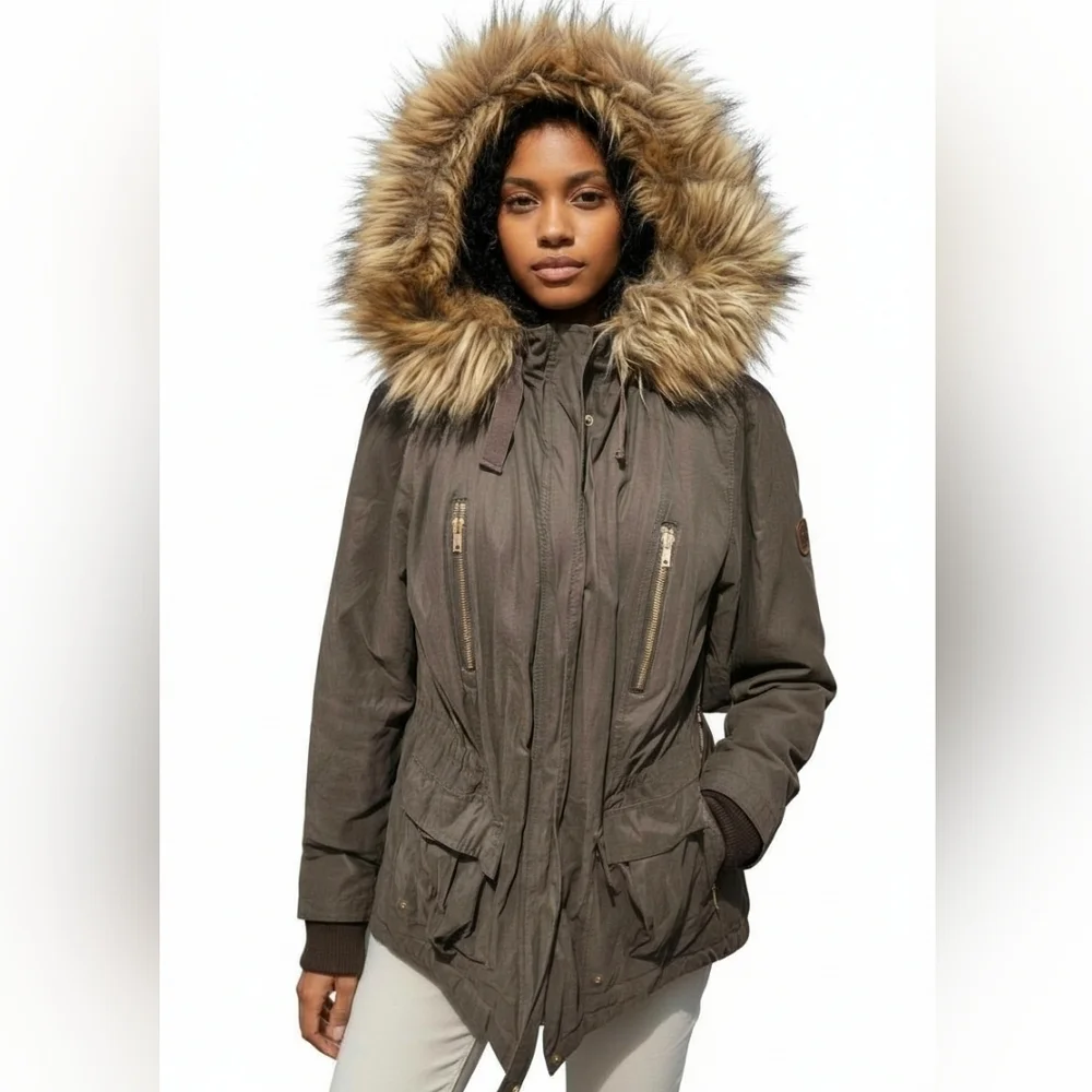 ASOS Parka Fur Trimmed Hood Utikity Medium Warmth Coat. Khaki/olive. Size 8